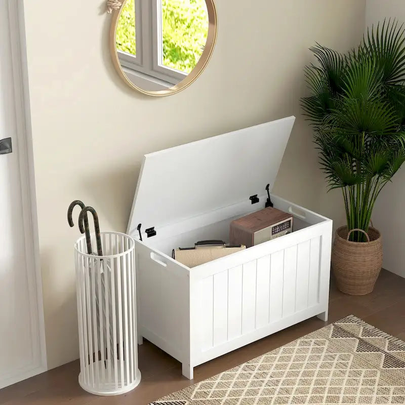 Coffre de rangement en bois avec charnières de sécurité et poignées découpées, coffre de rangement moderne