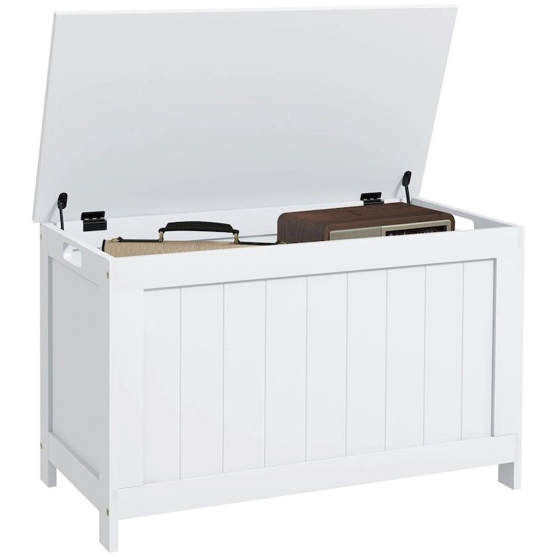 Coffre de rangement en bois avec charnières de sécurité et poignées découpées, coffre de rangement moderne