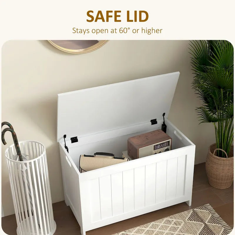Coffre de rangement en bois avec charnières de sécurité et poignées découpées, coffre de rangement moderne