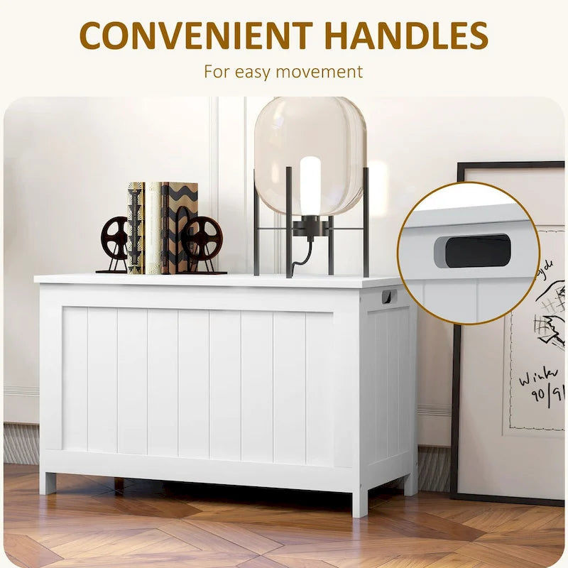 Coffre de rangement en bois avec charnières de sécurité et poignées découpées, coffre de rangement moderne