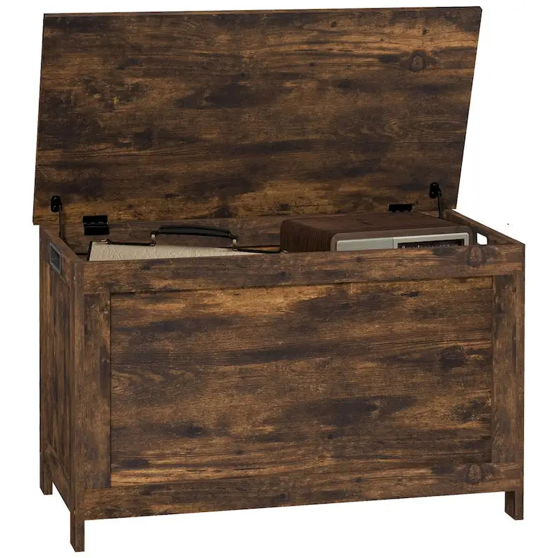 Coffre de rangement en bois avec charnières de sécurité et poignées découpées, coffre de rangement moderne