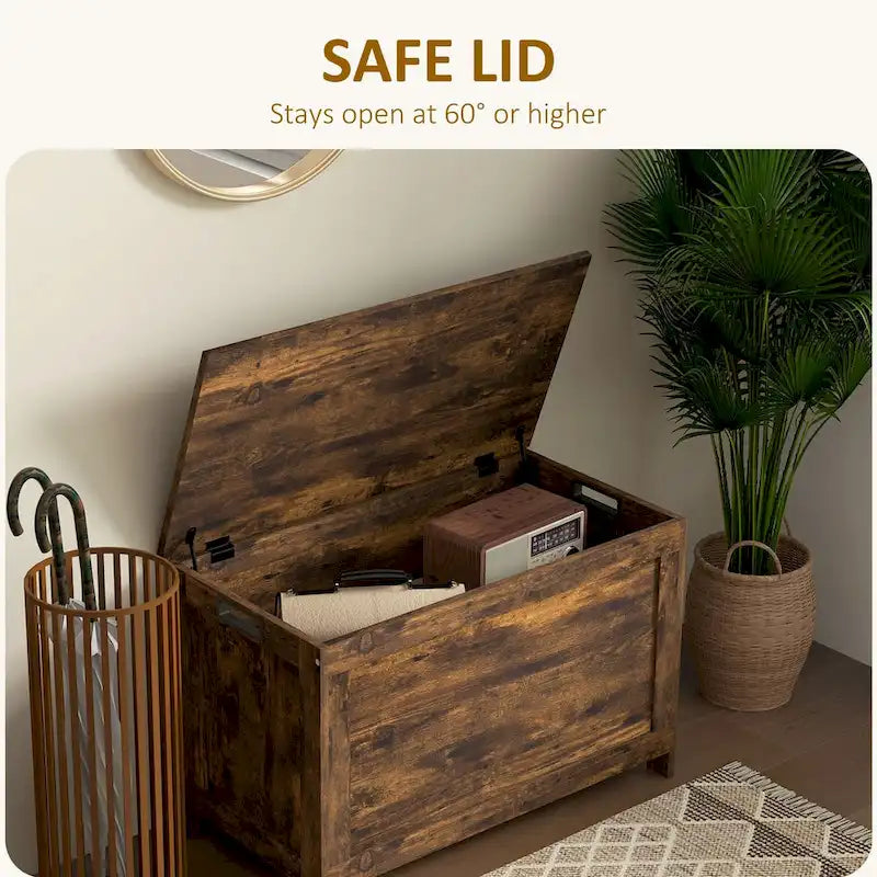 Coffre de rangement en bois avec charnières de sécurité et poignées découpées, coffre de rangement moderne