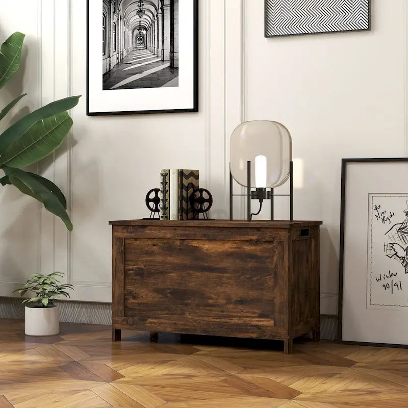 Coffre de rangement en bois avec charnières de sécurité et poignées découpées, coffre de rangement moderne