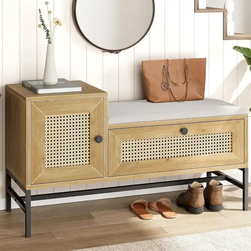 Banc d'entrée à chaussures en rotin avec coussin d'assise en lin