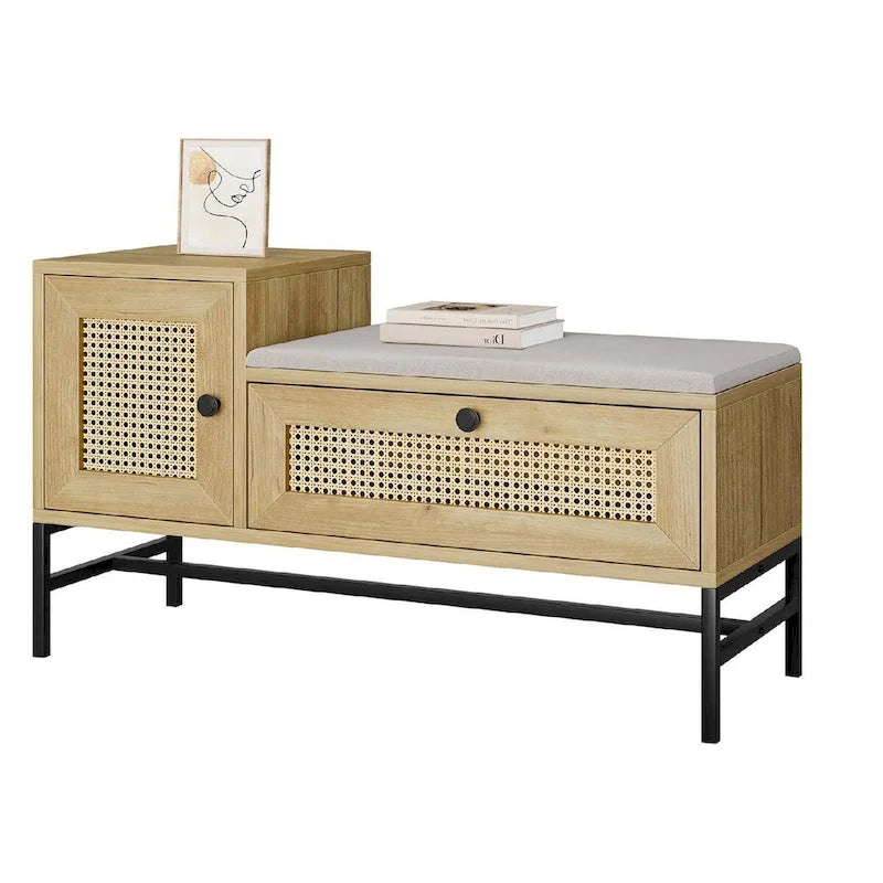 Banc d'entrée à chaussures en rotin avec coussin d'assise en lin