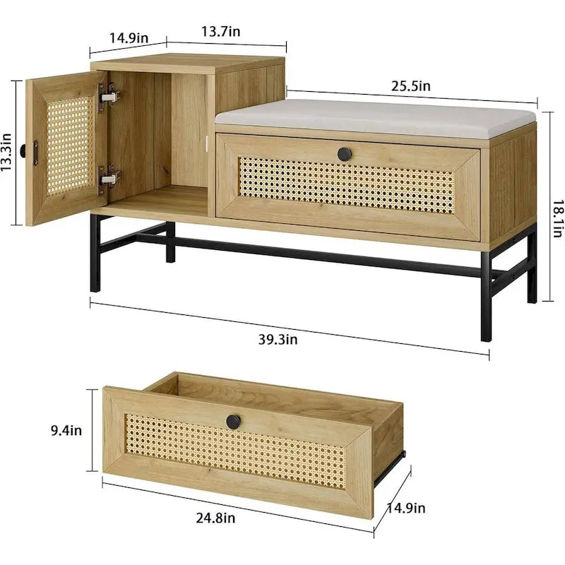 Banc d'entrée à chaussures en rotin avec coussin d'assise en lin