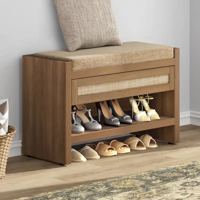 Banc à chaussures en rotin avec tiroir de rangement et coussin pour entrée
