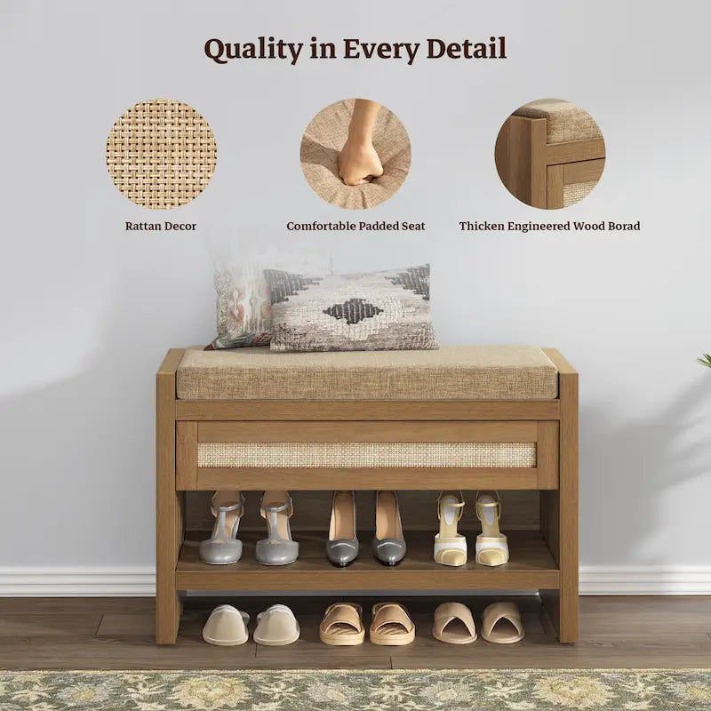 Banc à chaussures en rotin avec tiroir de rangement et coussin pour entrée