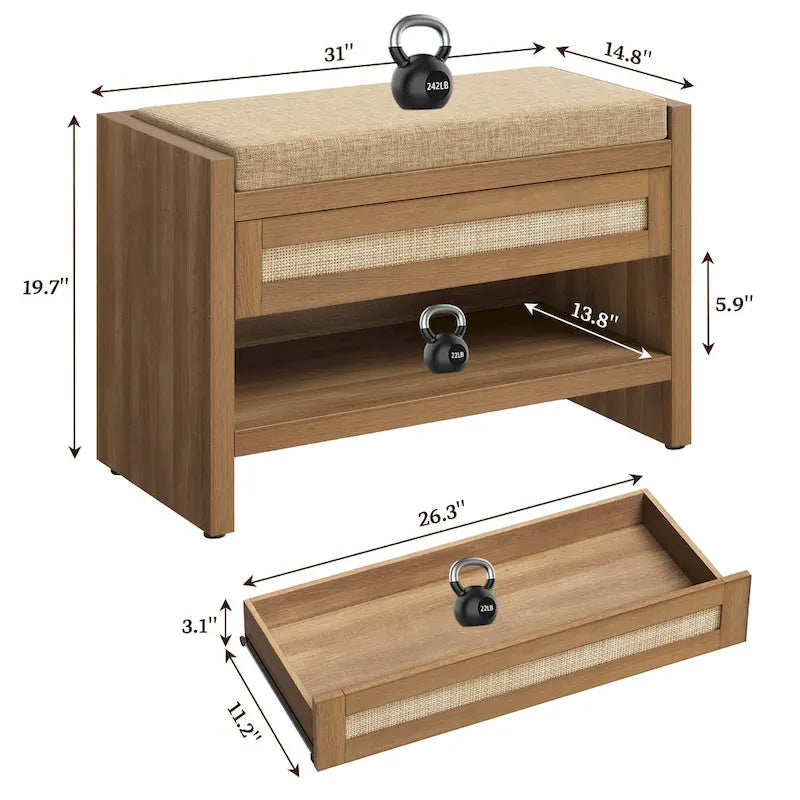 Banc à chaussures en rotin avec tiroir de rangement et coussin pour entrée