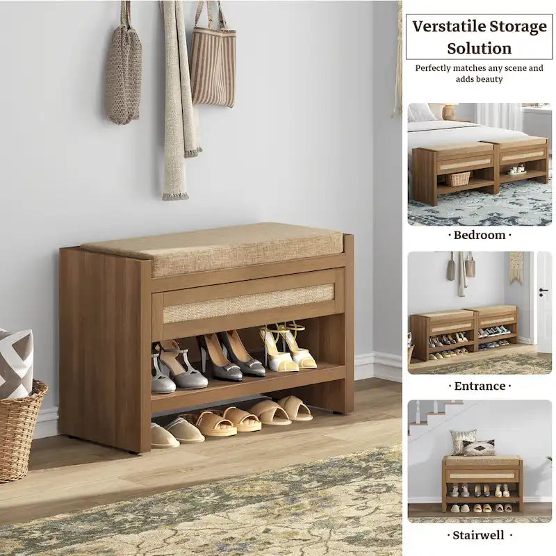 Banc à chaussures en rotin avec tiroir de rangement et coussin pour entrée
