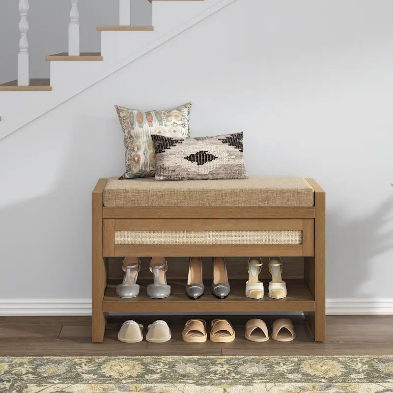 Banc à chaussures en rotin avec tiroir de rangement et coussin pour entrée