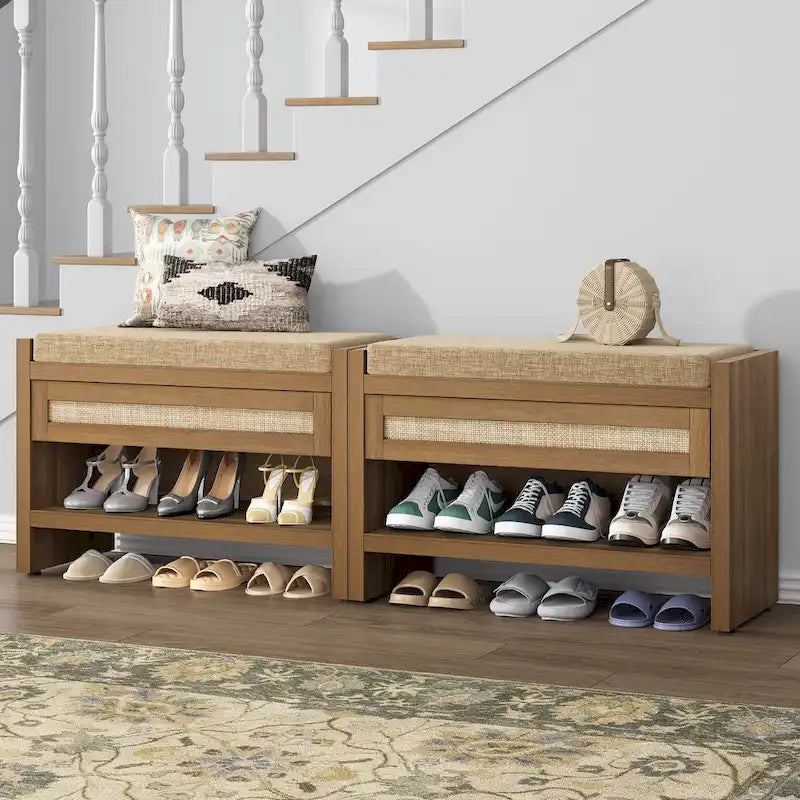 Banc à chaussures en rotin avec tiroir de rangement et coussin pour entrée