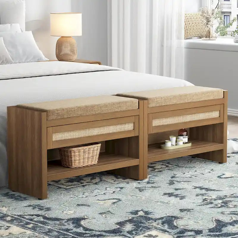 Banc à chaussures en rotin avec tiroir de rangement et coussin pour entrée