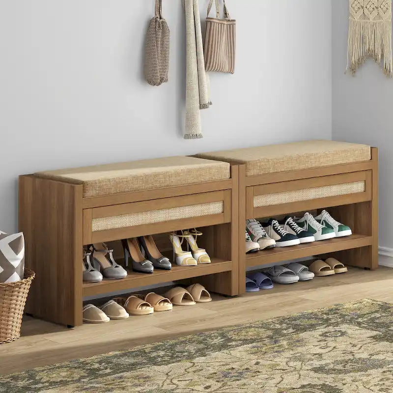 Banc à chaussures en rotin avec tiroir de rangement et coussin pour entrée