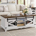 Table basse de style rustique avec rangements et porte coulissante type porte de grange
