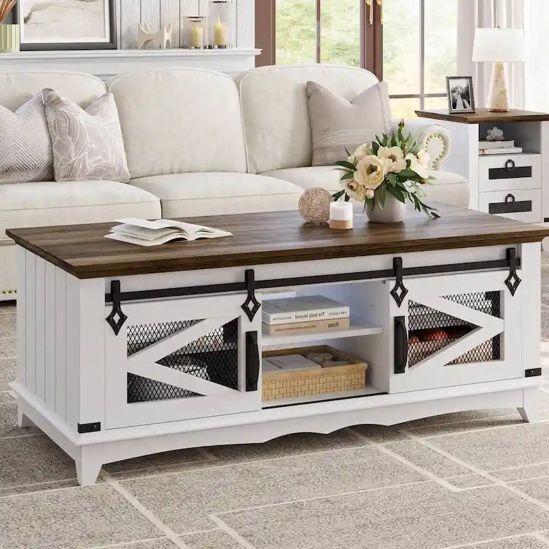 Table basse de style rustique avec rangements et porte coulissante type porte de grange