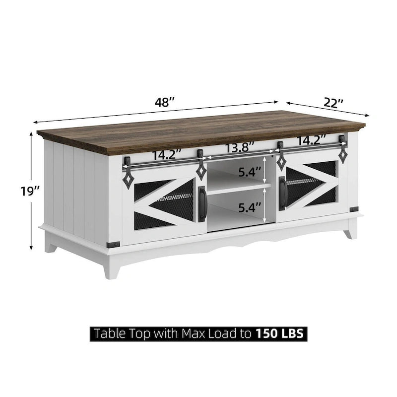 Table basse de style rustique avec rangements et porte coulissante type porte de grange