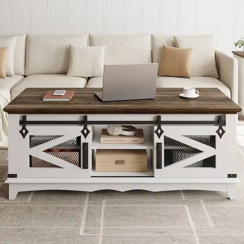 Table basse de style rustique avec rangements et porte coulissante type porte de grange