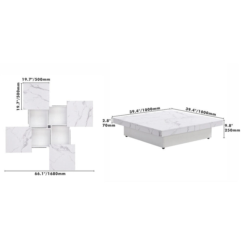 Table basse carrée à profil bas avec plateau coulissant et rangement caché