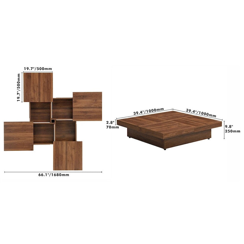 Table basse carrée à profil bas avec plateau coulissant et rangement caché