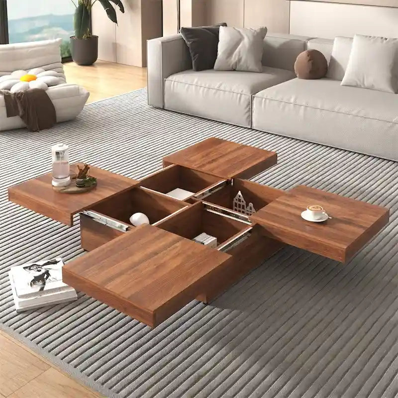 Table basse carrée à profil bas avec plateau coulissant et rangement caché