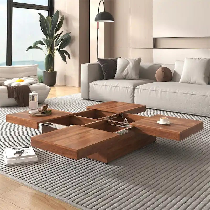 Table basse carrée à profil bas avec plateau coulissant et rangement caché