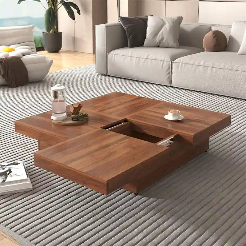 Table basse carrée à profil bas avec plateau coulissant et rangement caché