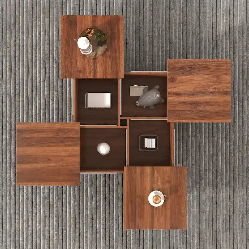 Table basse carrée à profil bas avec plateau coulissant et rangement caché