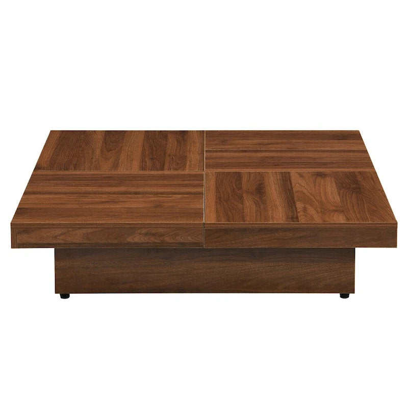 Table basse carrée à profil bas avec plateau coulissant et rangement caché