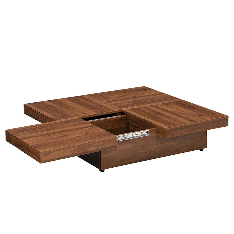 Table basse carrée à profil bas avec plateau coulissant et rangement caché