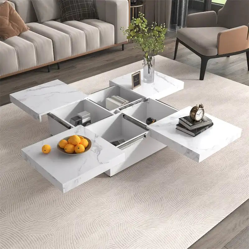 Table basse carrée à profil bas avec plateau coulissant et rangement caché