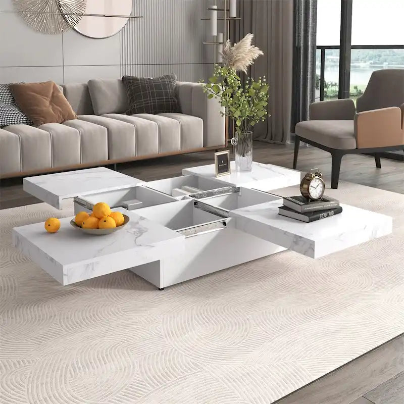 Table basse carrée à profil bas avec plateau coulissant et rangement caché