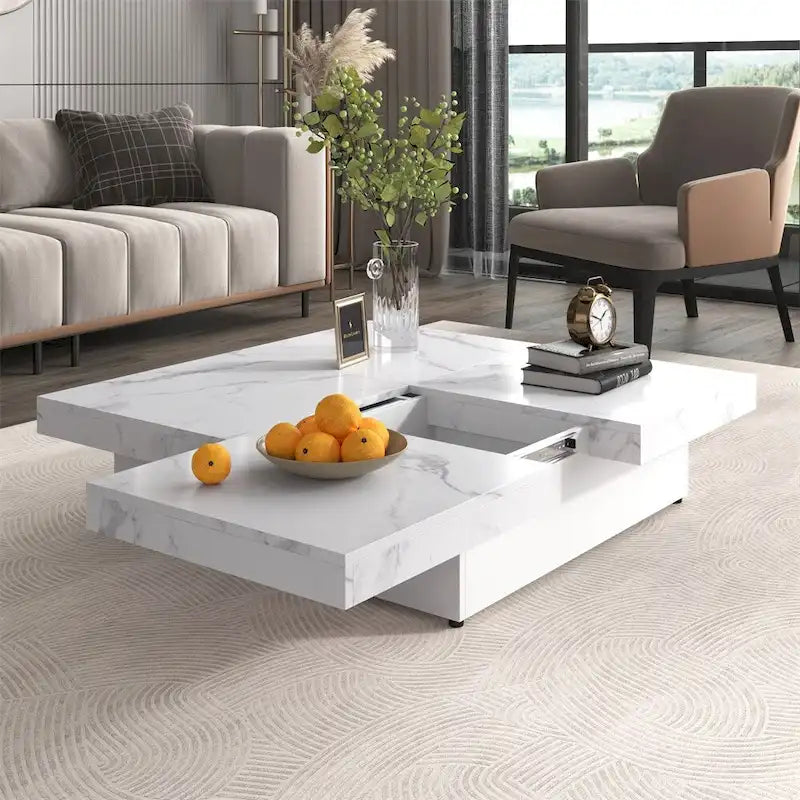 Table basse carrée à profil bas avec plateau coulissant et rangement caché