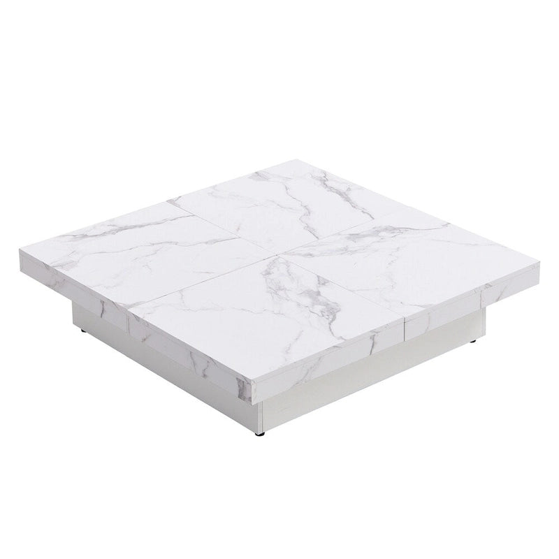 Table basse carrée à profil bas avec plateau coulissant et rangement caché