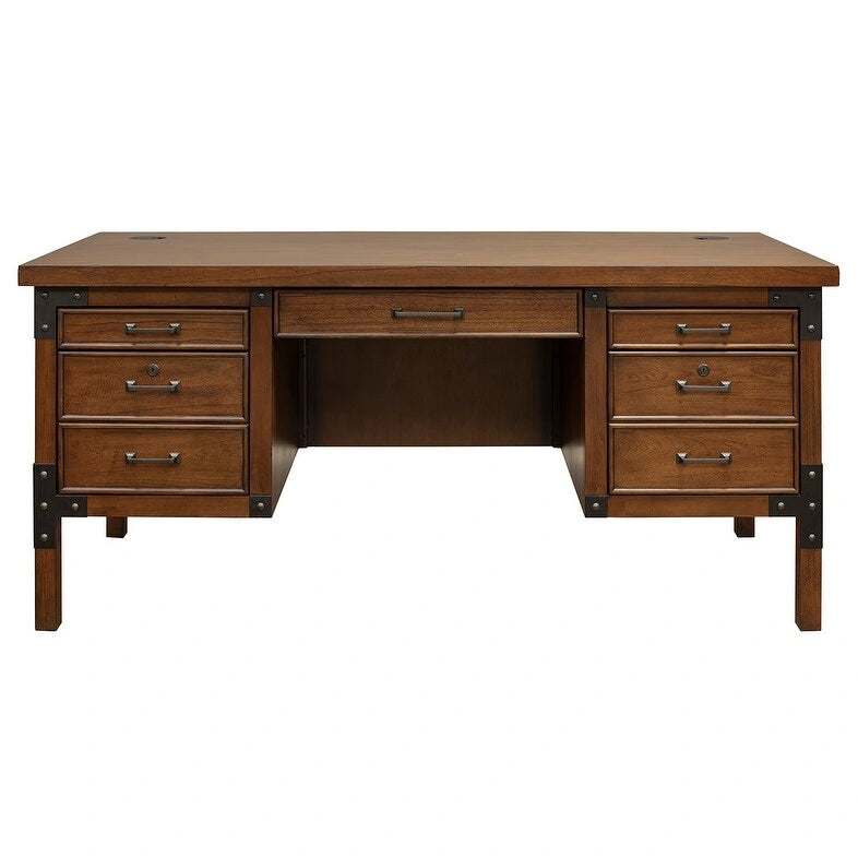 Bureau de direction rustique avec demi-piédestal et roulettes en fer, Marron