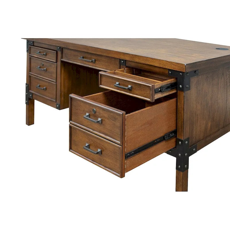 Bureau de direction rustique avec demi-piédestal et roulettes en fer, Marron