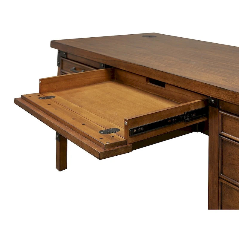 Bureau de direction rustique avec demi-piédestal et roulettes en fer, Marron