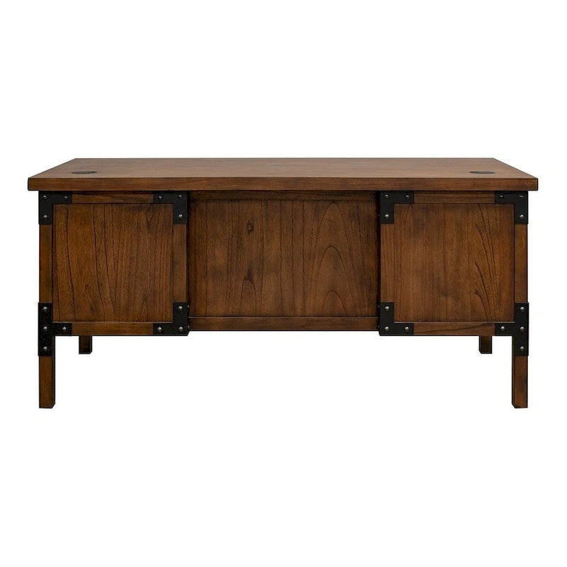 Bureau de direction rustique avec demi-piédestal et roulettes en fer, Marron