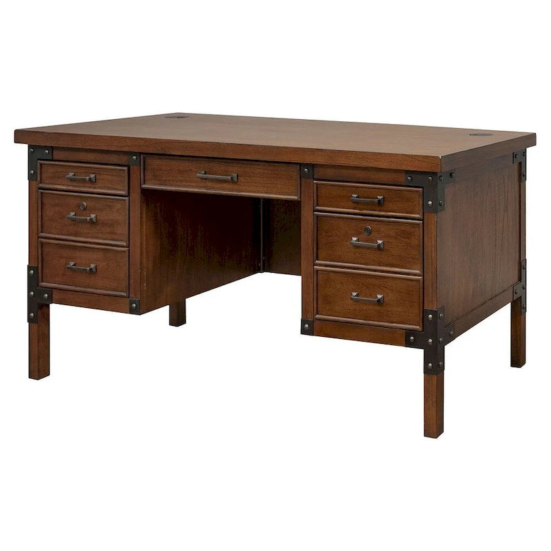 Bureau de direction rustique avec demi-piédestal et roulettes en fer, Marron