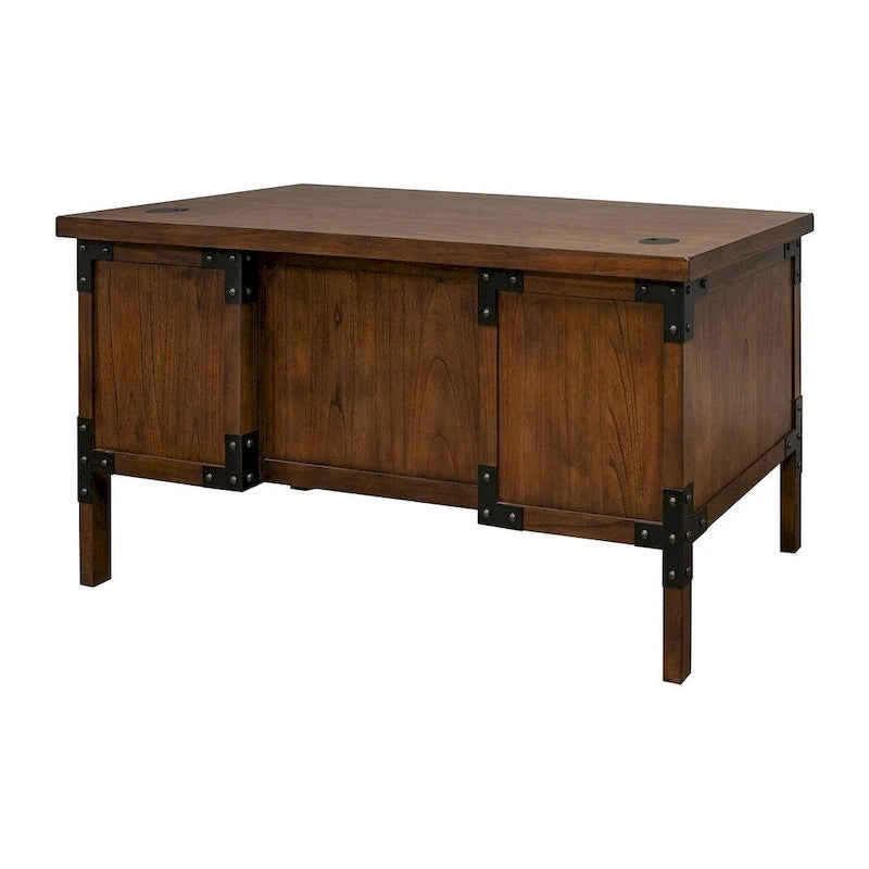 Bureau de direction rustique avec demi-piédestal et roulettes en fer, Marron
