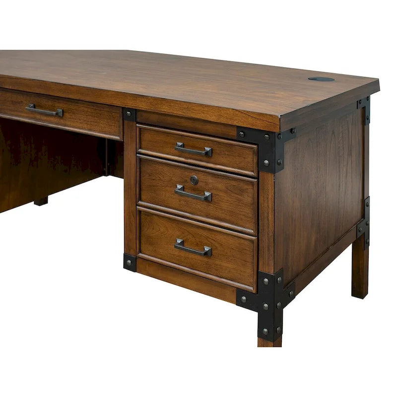 Bureau de direction rustique avec demi-piédestal et roulettes en fer, Marron