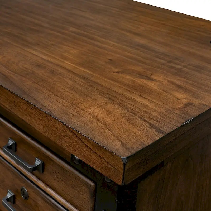 Bureau de direction rustique avec demi-piédestal et roulettes en fer, Marron