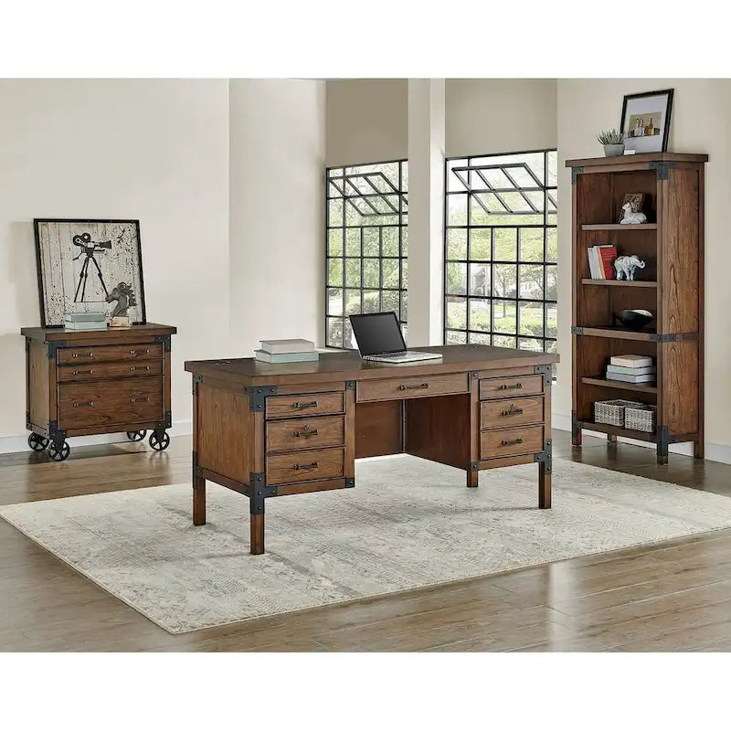 Bureau de direction rustique avec demi-piédestal et roulettes en fer, Marron