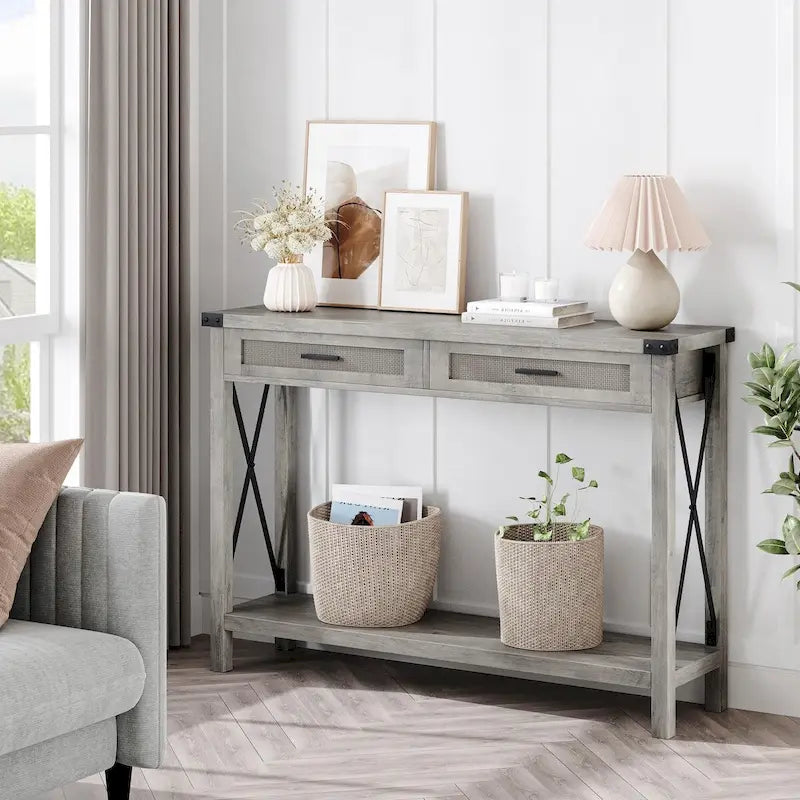 Console en rotin avec tiroirs, table de canapé de style rustique