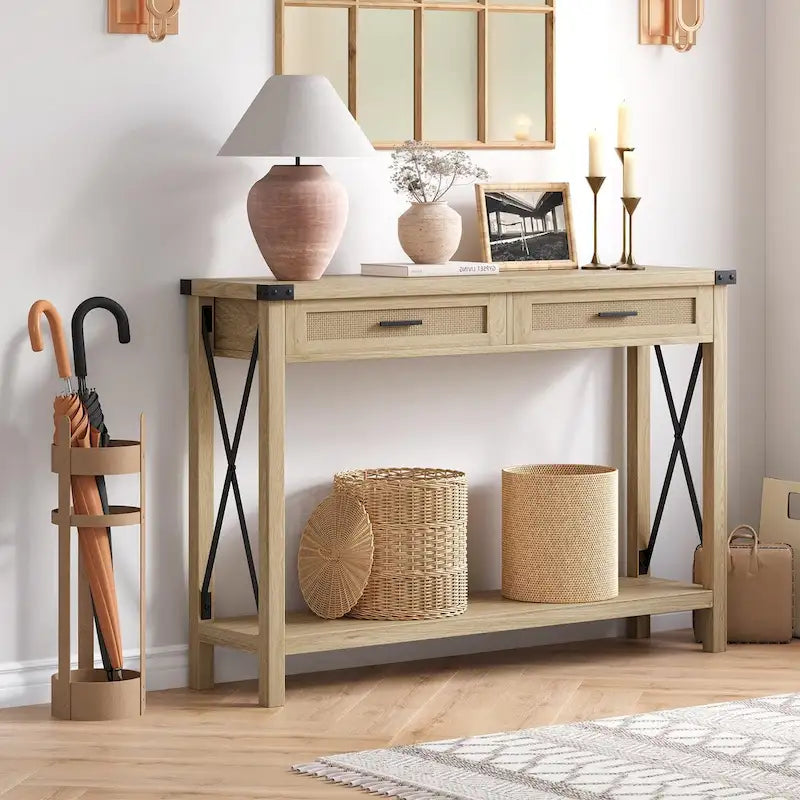 Console en rotin avec tiroirs, table de canapé de style rustique