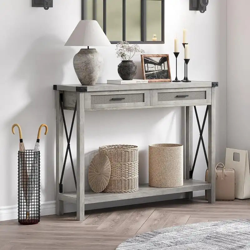Console en rotin avec tiroirs, table de canapé de style rustique