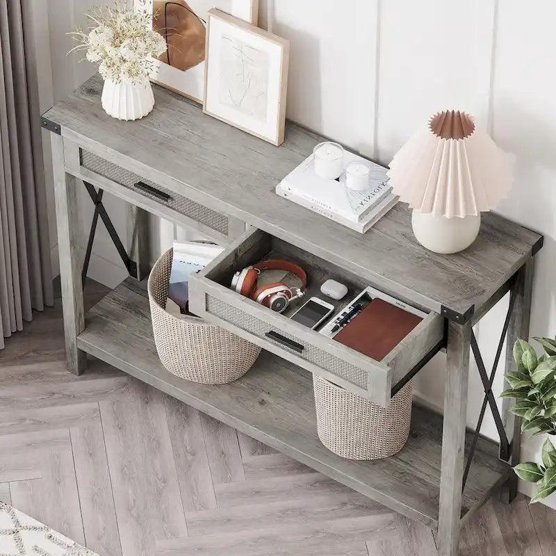 Console en rotin avec tiroirs, table de canapé de style rustique