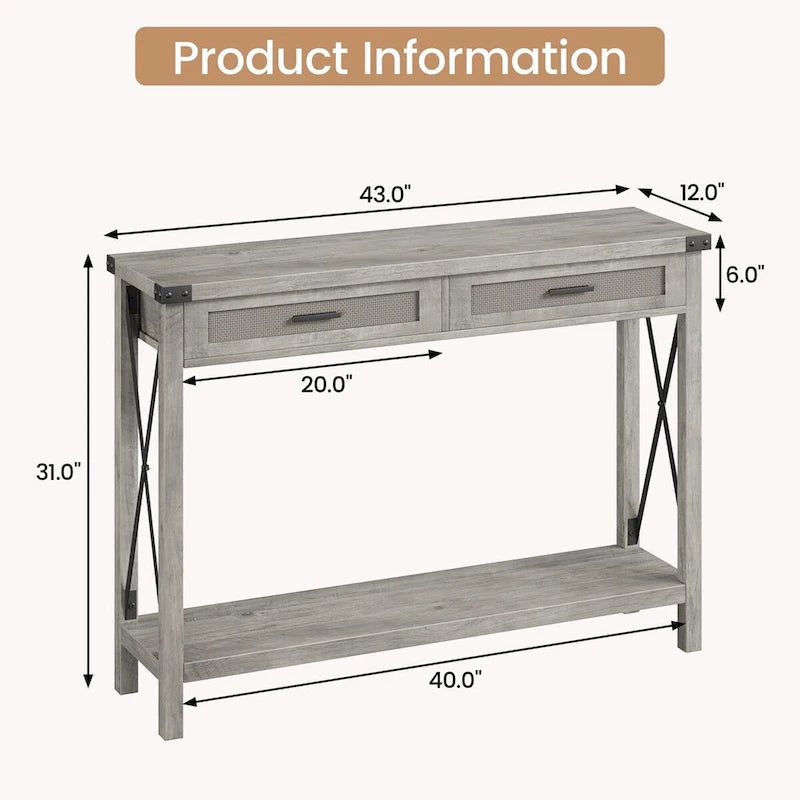 Console en rotin avec tiroirs, table de canapé de style rustique