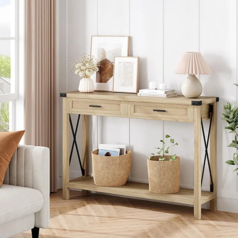 Console en rotin avec tiroirs, table de canapé de style rustique