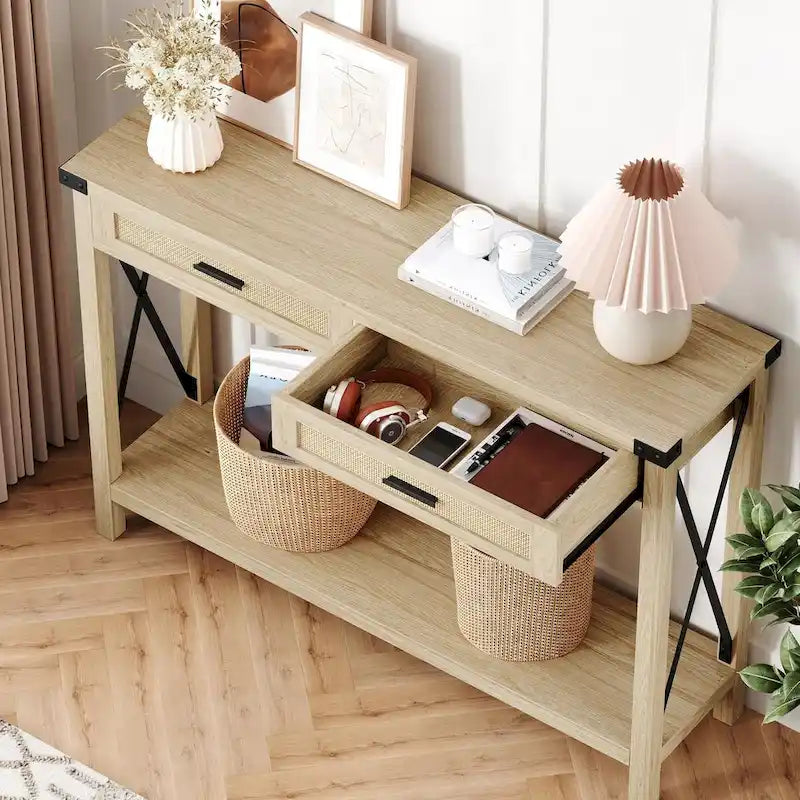 Console en rotin avec tiroirs, table de canapé de style rustique